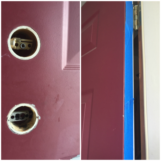 Removing handle and lock, then applying painters tape to edge of door prior to painting