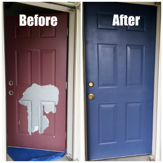 Painting Front Door before and after. Before: red door with peeling paint. After: Blue door