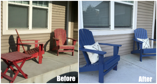 Before and after of seating area on porch. Before- chipping red paint on Adirondack chairs. After- chairs painted blue with farmhouse style pillows