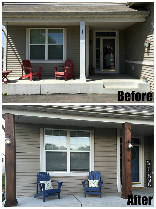 Before and after of full porch makeover