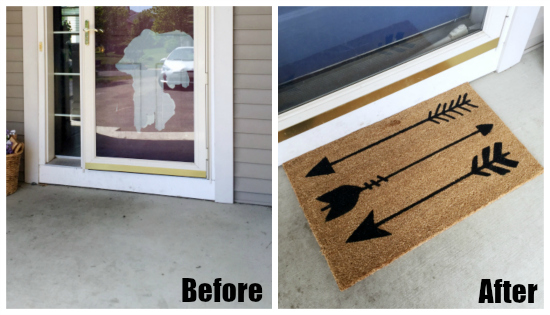 Front porch entry before and after the addition of a welcome mat