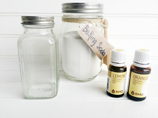 What you need to make DIY Refrigerator Deodorizer: Baking soda, spice jar, and essential oils