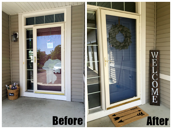 Before and after of painted front door and welcome sign