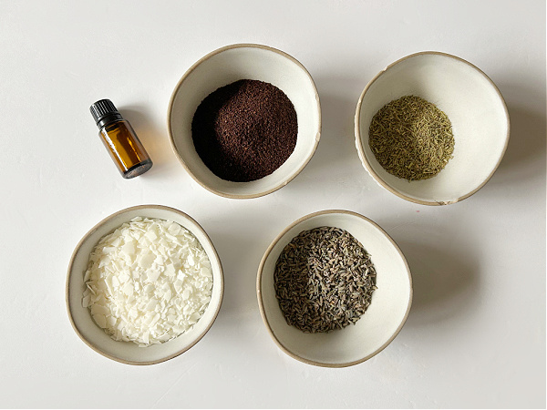 Ingredients needed to make DIY Wax Melts: Soy Wax Flakes, essential oil and add-ins, like coffee, rosemary and lavender