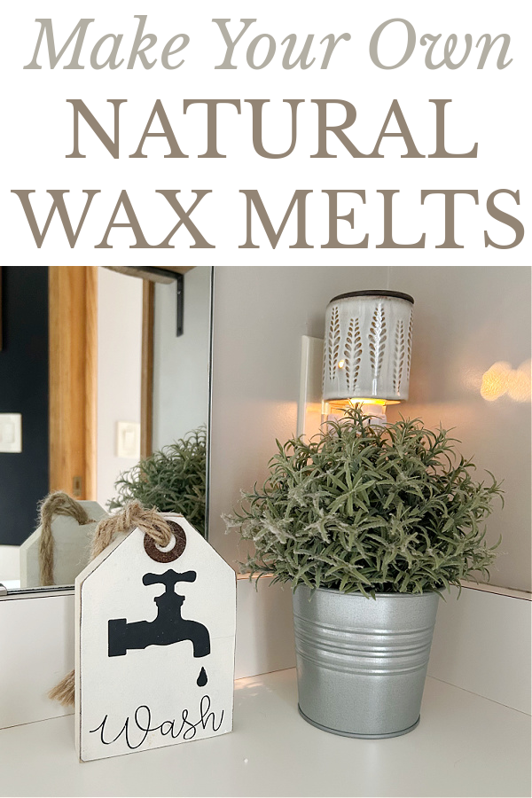 Plug-in Wax Warmer in Bathroom above counter with faux plant and small wooden "wash" sign