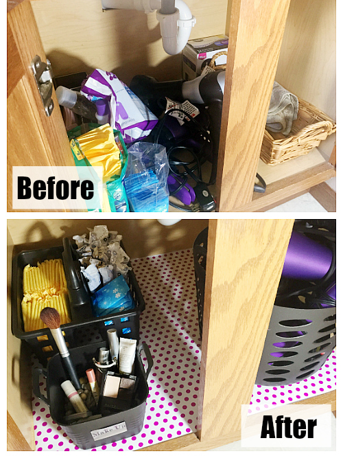 Before and After organizing under the bathroom sink