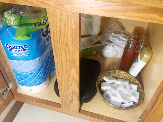 View under bathroom sink prior to organizing