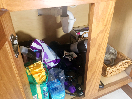 View under bathroom sink prior to organizing with dollar store bins