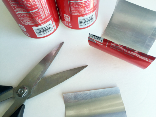 Soda can cut in rectangles to make labels for bathroom storage