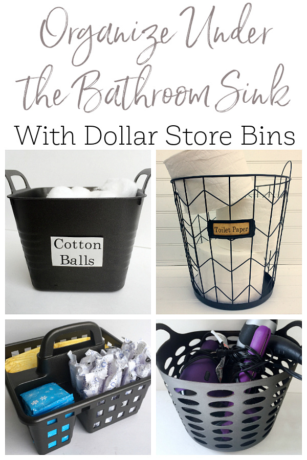 Using spray painted dollar store bins to organize under the bathroom sink