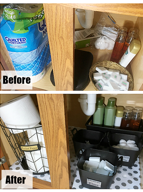 Before and After organizing under the bathroom sink