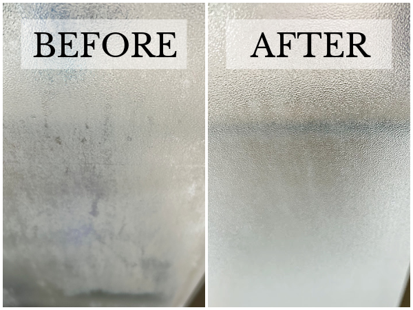 Close up before and after of soap scum on glass shower door cleaned with pumice stone