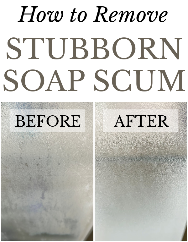 Before and after of tempered glass shower doors cleaned with a pumice stone