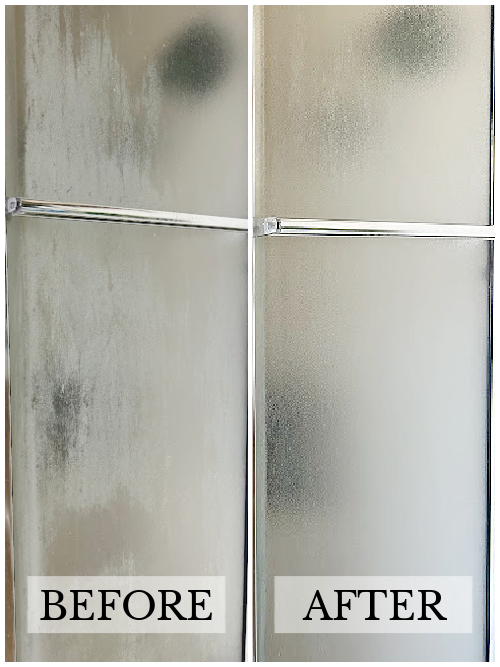 Before and after of soap scum on shower doors cleaned with a pumice stone