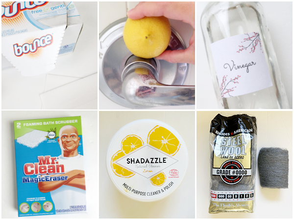 Collage of images showing what does NOT remove soap scum: dryer sheets, lemon, vinegar, magic eraser, Shadazzle and fine steel wool