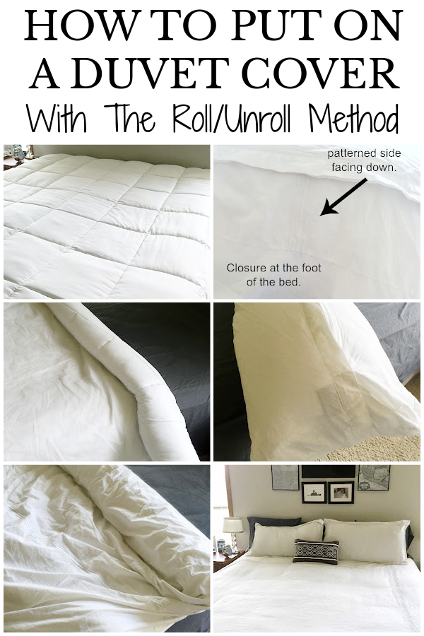 Collage of steps to easily put on a duvet cover