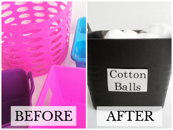 Variety of bright plastic bins from the dollar store before and after applying spray paint