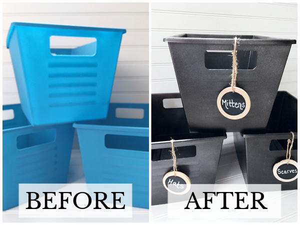 Before and after spraying painting matte plastic bins