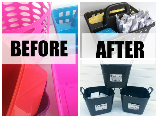 Spray Painting Plastic Bins for bathroom storage. Before and After of brightly colored plastic bins then spray painted in oil rubbed bronze spray paint