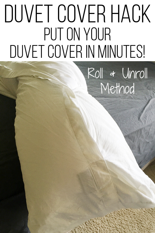 Duvet cover rolled around a comforter showing an easy hack to getting a duvet cover on without a struggle