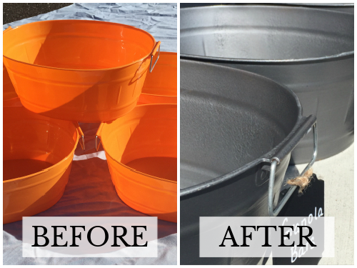 Before and after of spray painted glossy plastic bins