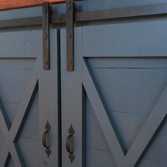 DIY Barn Door hardware on the buffet used for a farmhouse coffee station