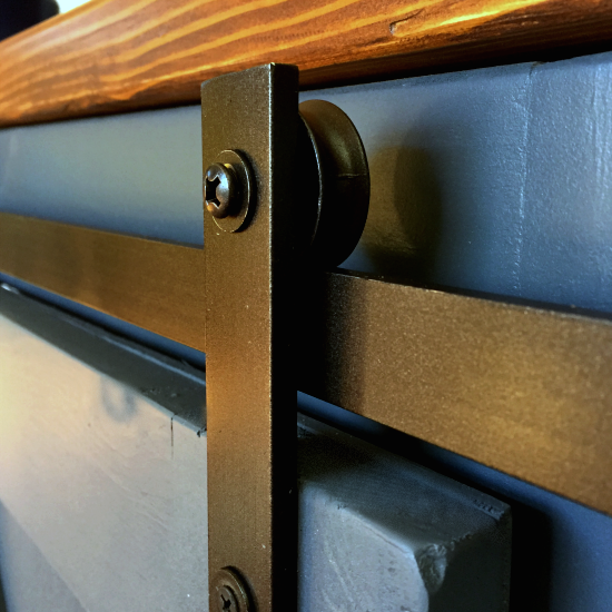 Close up of barn door hardware used for the barn door cabinets