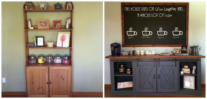 Before and After of farmhouse coffee station area in dining room