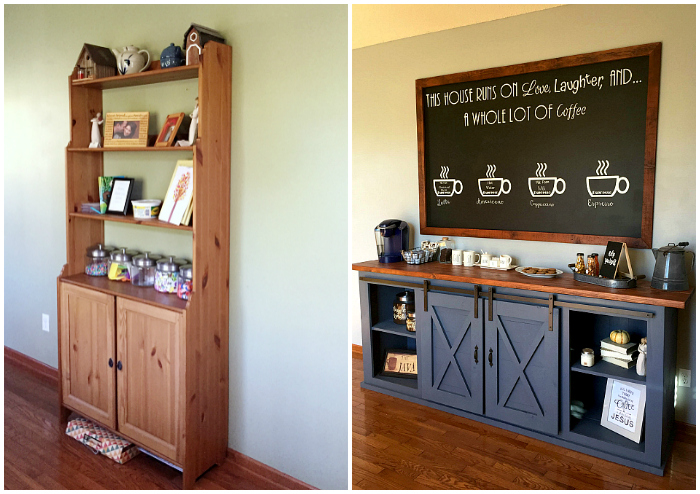 Before and After of farmhouse coffee station area in dining room