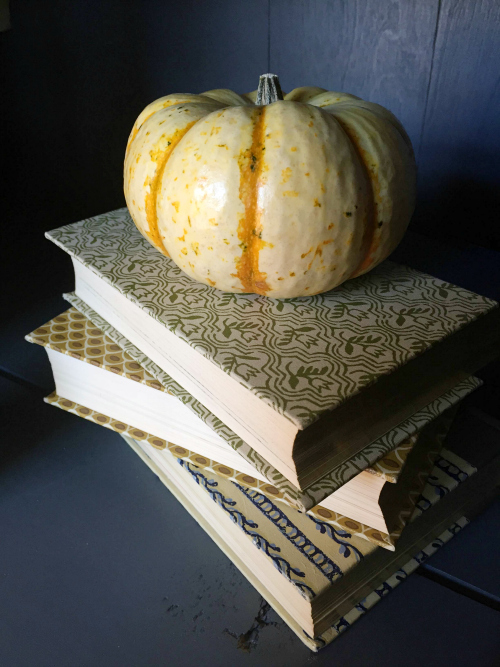 Small pumpkin resting on top of a stack of Reader's Digest books