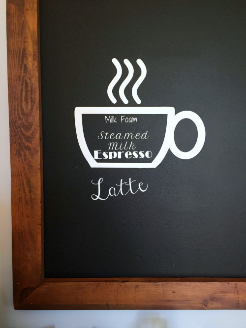 Vinyl cut-out of coffee mug with measurements for a latte