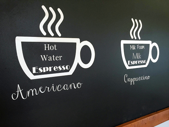 Vinyl coffee cut-outs used on the large chalkboard sign above the coffee station