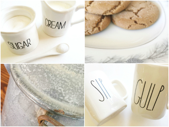 Various farmhouse style items used in the creation of a coffee station: sugar and cream, vintage coffee pot, sip and gulp mugs