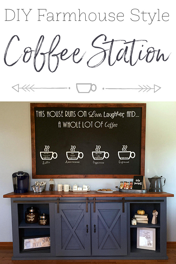 A farmhouse style coffee station with buffet featuring barn doors and a large chalkboard sign