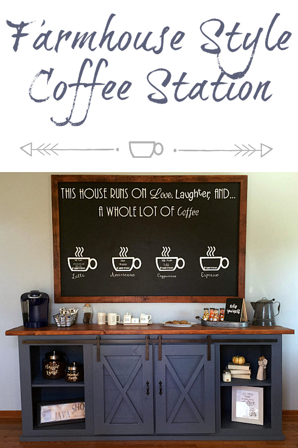 This farmhouse coffee station has it all with a barn doors on the DIY cabinet, a large framed chalkboard, and more.
