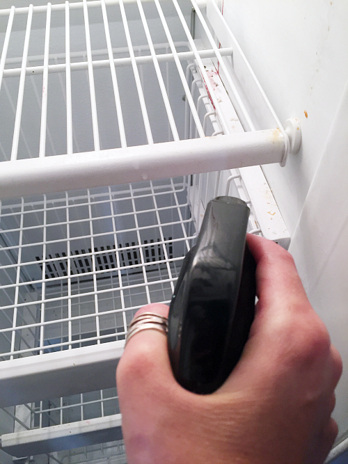 Cleaning freezer with DIY cleaner before organizing the freezer