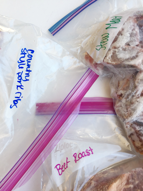 Meat in labeled freezer bags to keep things organized in the freezer