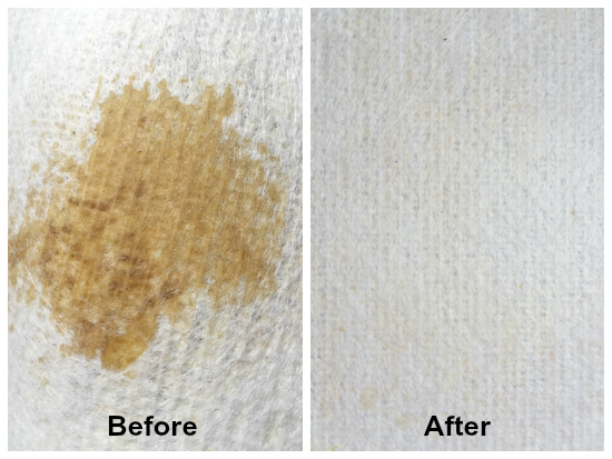 Coffee stain on underside of carpet before and after treatment with the Oxiclean Splot