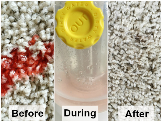 Before During and After of Splot treating a Tropical Punch stain on carpet