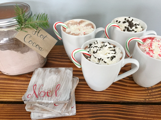 Hot Cococa Bar with drinks displayed on DIY Wood Coasters