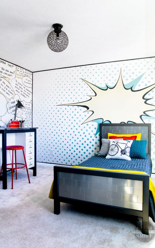 Boy's bedroom made over in comic-strip theme for the One Room Challenge