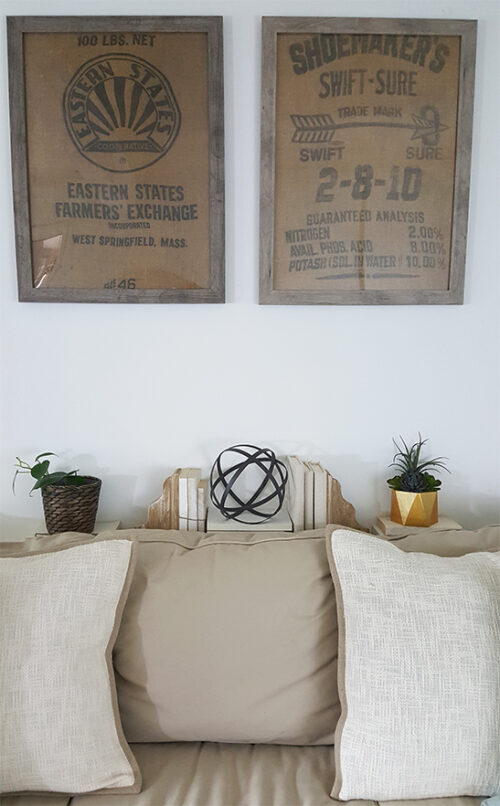 Wall decor using framed burlap sacks via The Honeycomb Home