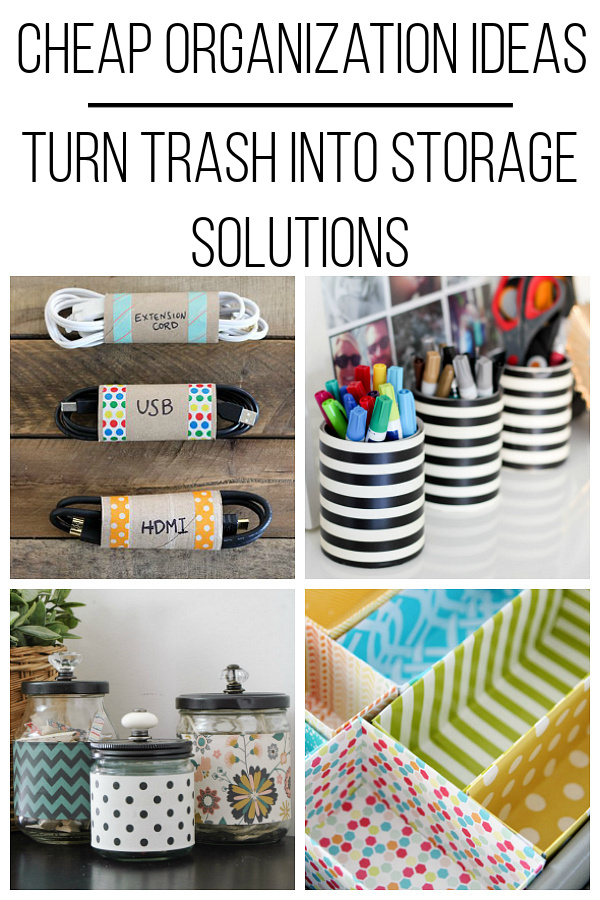 Collage of storage solutions using toilet paper rolls, tin cans, glass jars and cereal boxes