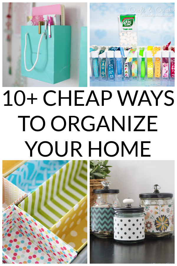 Collage of ways you can upcycle items (like bags, cereal boxes, and jars) to organize your home