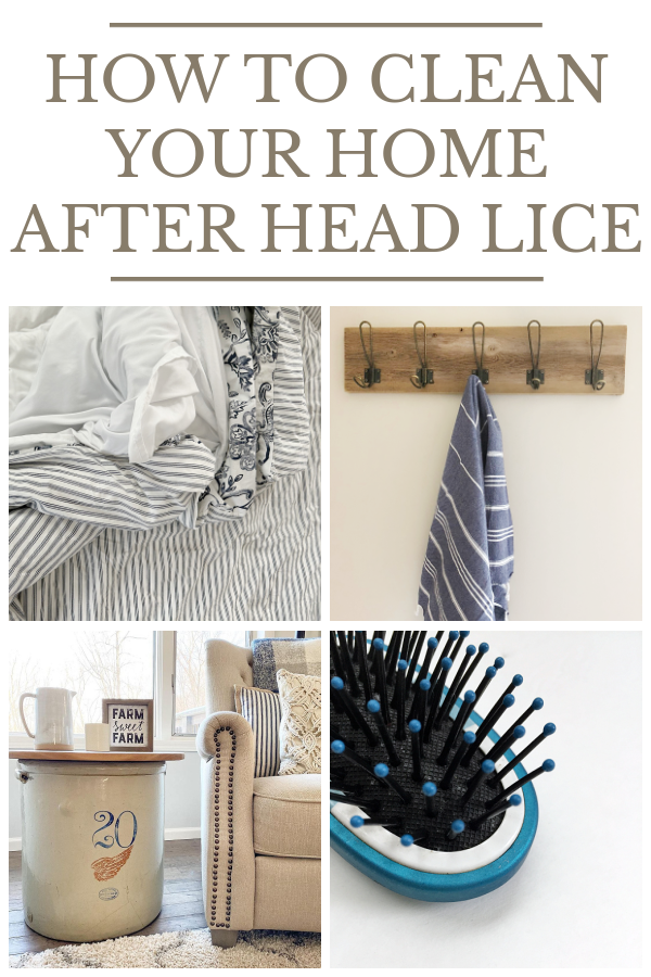 Collage of areas that need cleaning after head lice: bedding, towels, brushes, carpet and upholstery