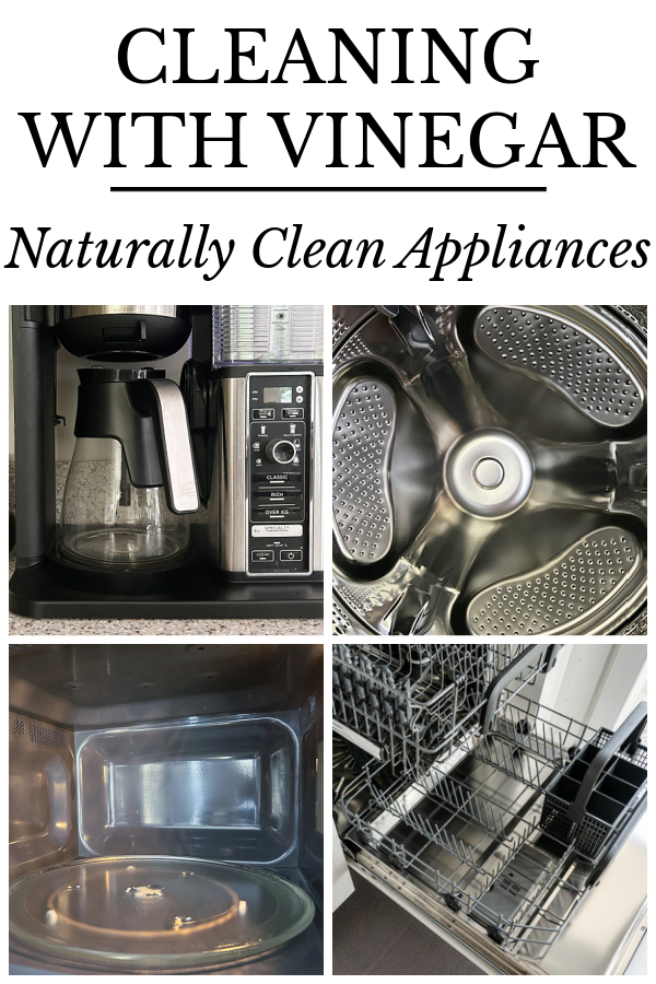 Collage of images showing appliances you can clean with vinegar: Coffee maker, washing machine, microwave, and dishwasher