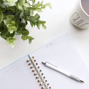 Small open notebook with a pen on a desk next to a plant and coffee