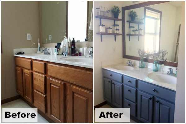 Before and After of a painted vanity with added hardware.