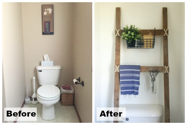 Before and after of a $100 farmhouse master bathroom makeover showing the toilet area