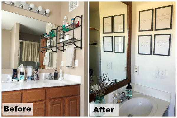 Before and after of a $100 farmhouse bathroom makeover showing vanity area with gallery wall